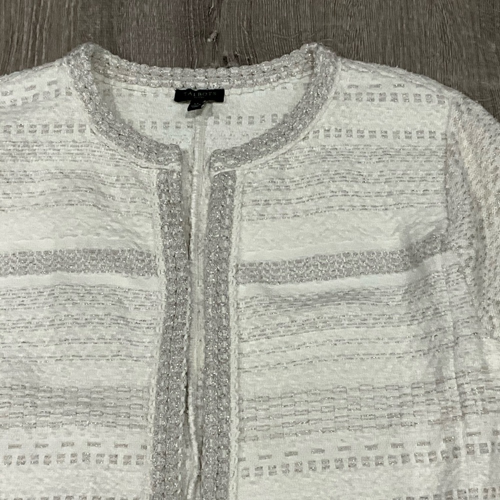 Talbots size Large Petite White & Metallic Textured Cardigan